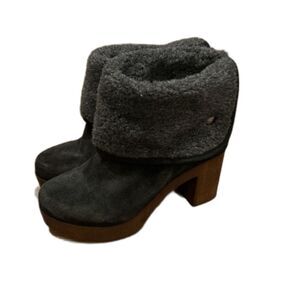 Eric Michael Boots Womens 6 Faux Fur Fold Over Black Suede Wood Heel Size 36